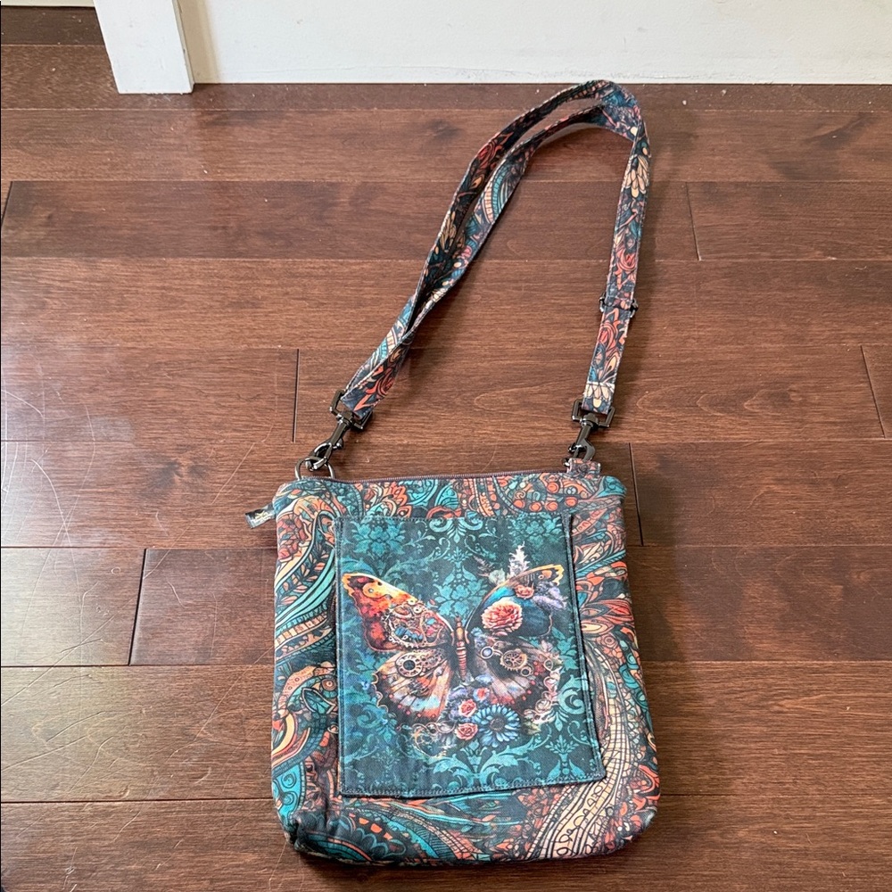 Steampunk Teal and Orange Butterfly/ Owl Crossbody Bag